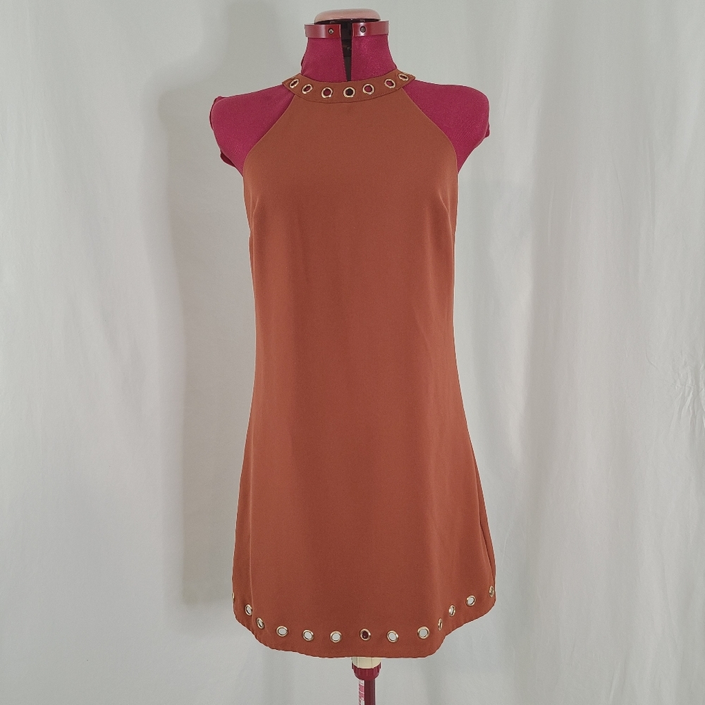 Lulu's Rust Halter Shift Dress with Grommet Detail
